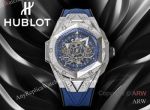 High Quality Replica HUBLOT BIG BANG SANG BLEU II Blue Fluororubber Strap Blue Skeletonized Geometric Face Dial Titanium With Diamond-Set Case Watch 45mm